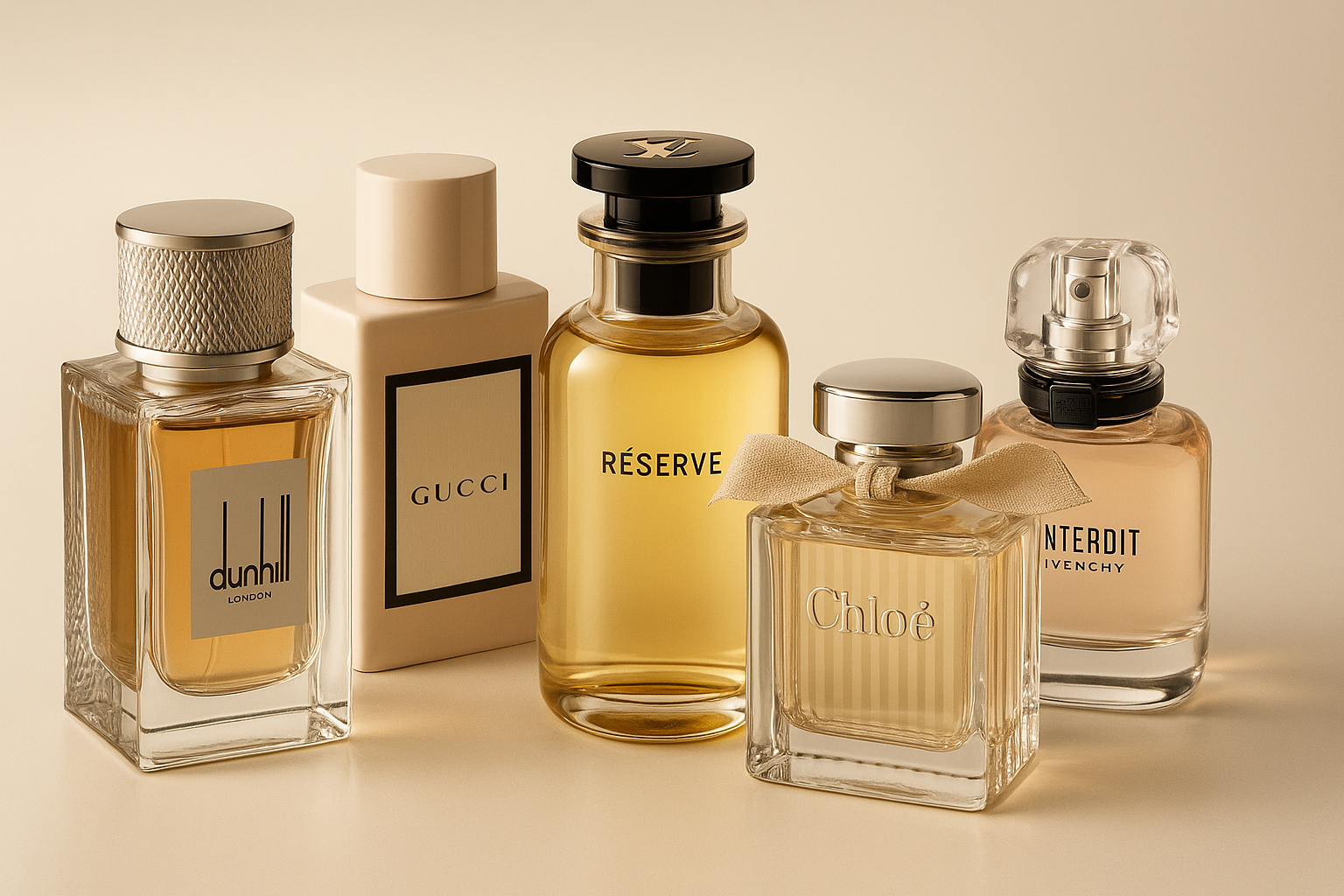 Generate a background image for hero section having branded perfume bottles like dunhill gucci lv etc for a branded perfume online store decent picture 